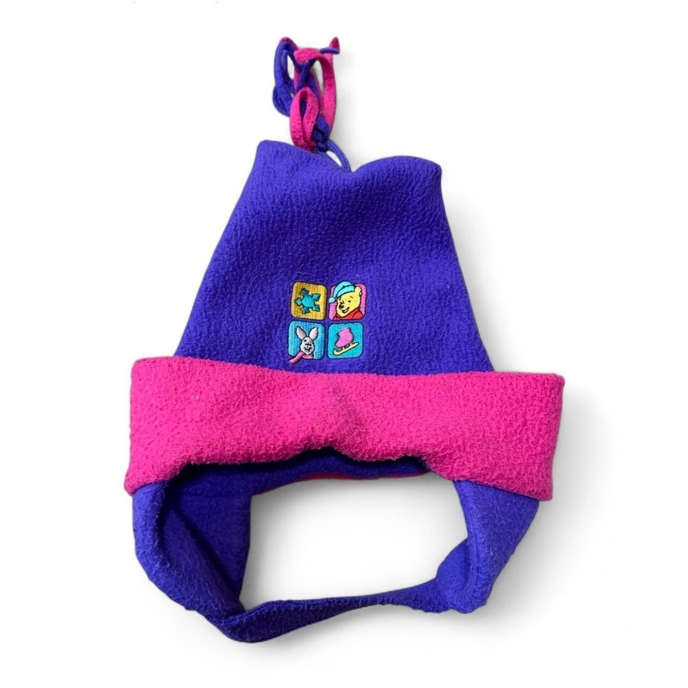 Vintage Disney Winnie The Pooh Toddler Fleece Winter Hat Purple Pink Ear Flap